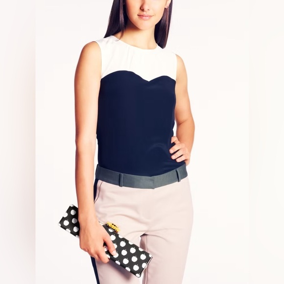 Kate Spade Jamie 100% Silk Colorblock Sleeveless Blouse in Cream/Black Luxury - Picture 1 of 8